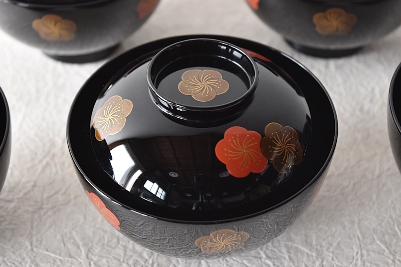 天然木製漆塗 輪島塗 梅蒔絵 吸物椀 5客セット 蒔絵師信斎 塗師静峰