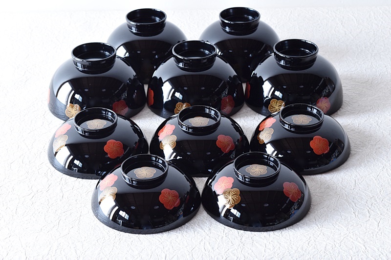 輪島塗 木製 柏葉尽蒔絵 縁起 大椀 5客 輪島塗椿蒔絵吸物椀5客 - 西川