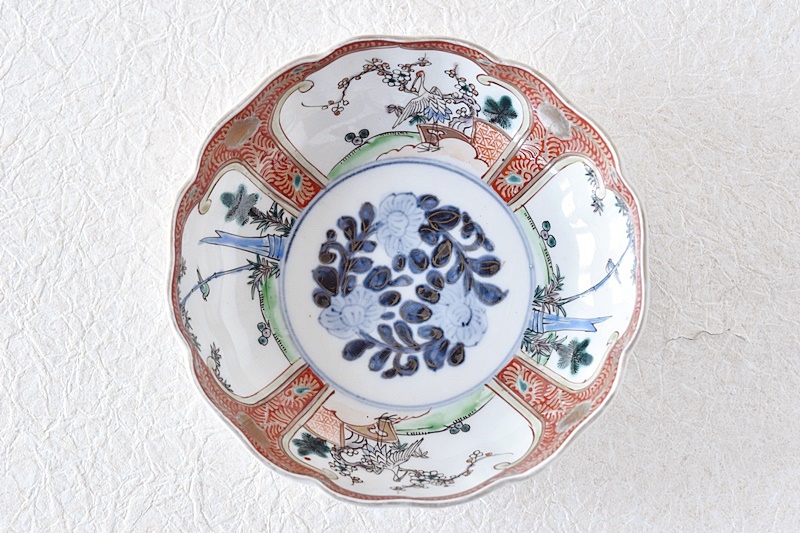 伊万里 通り物 色絵 赤絵 金彩唐草 鶴鳥松竹梅 輪花型 なます皿 - 生活