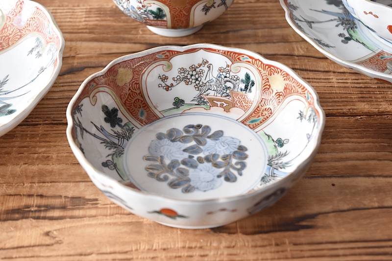 伊万里 通り物 色絵 赤絵 金彩唐草 鶴鳥松竹梅 輪花型 なます皿 - 生活