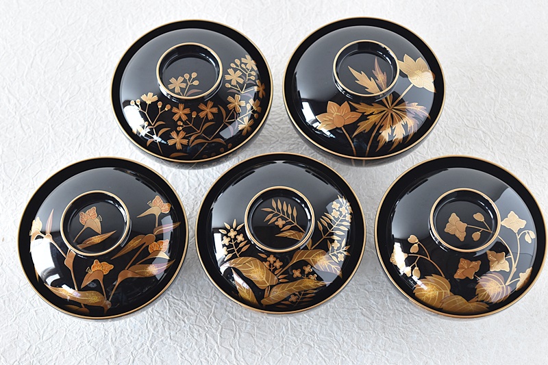 turu BJ023 時代輪島塗 鬼灯図金蒔絵 吸物椀 八客 木製 turu BJ023