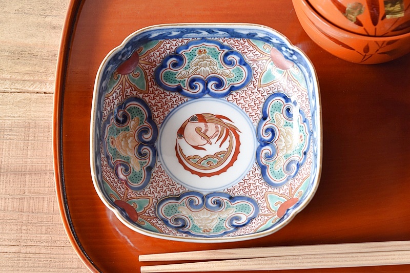 大聖寺伊万里 色絵 鳳凰 太明成化年製文 四方変形皿 - 生活骨董と古布