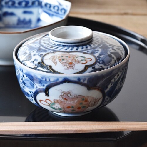 染付伊万里焼 蓋茶碗 ニ客】骨董 アンティーク 和食器 料亭 料理 染付