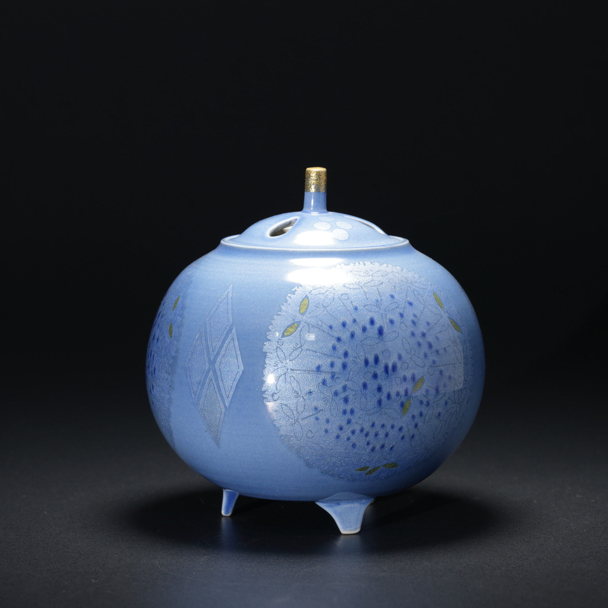 純銀火屋瑠璃香炉 青色ガラス容器 金属蓋付き 純銀火屋瑠璃香炉 青色