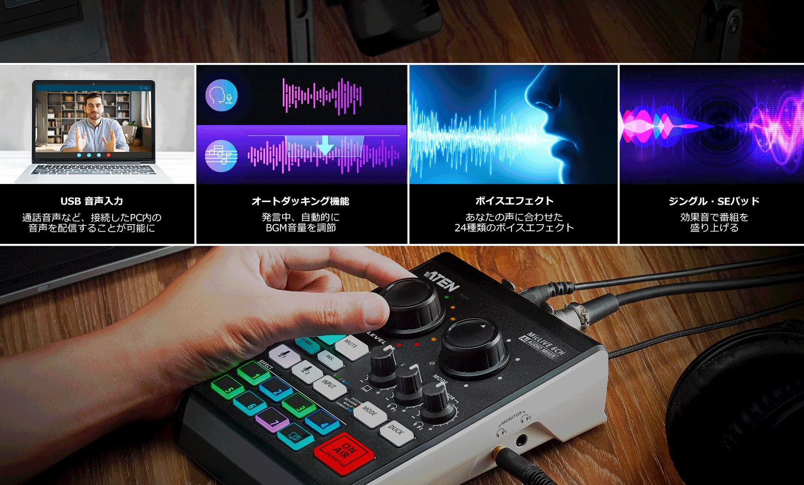 卓上USBオーディオミキサー MicLIVE™ - UC8000, ATEN キャプチャ