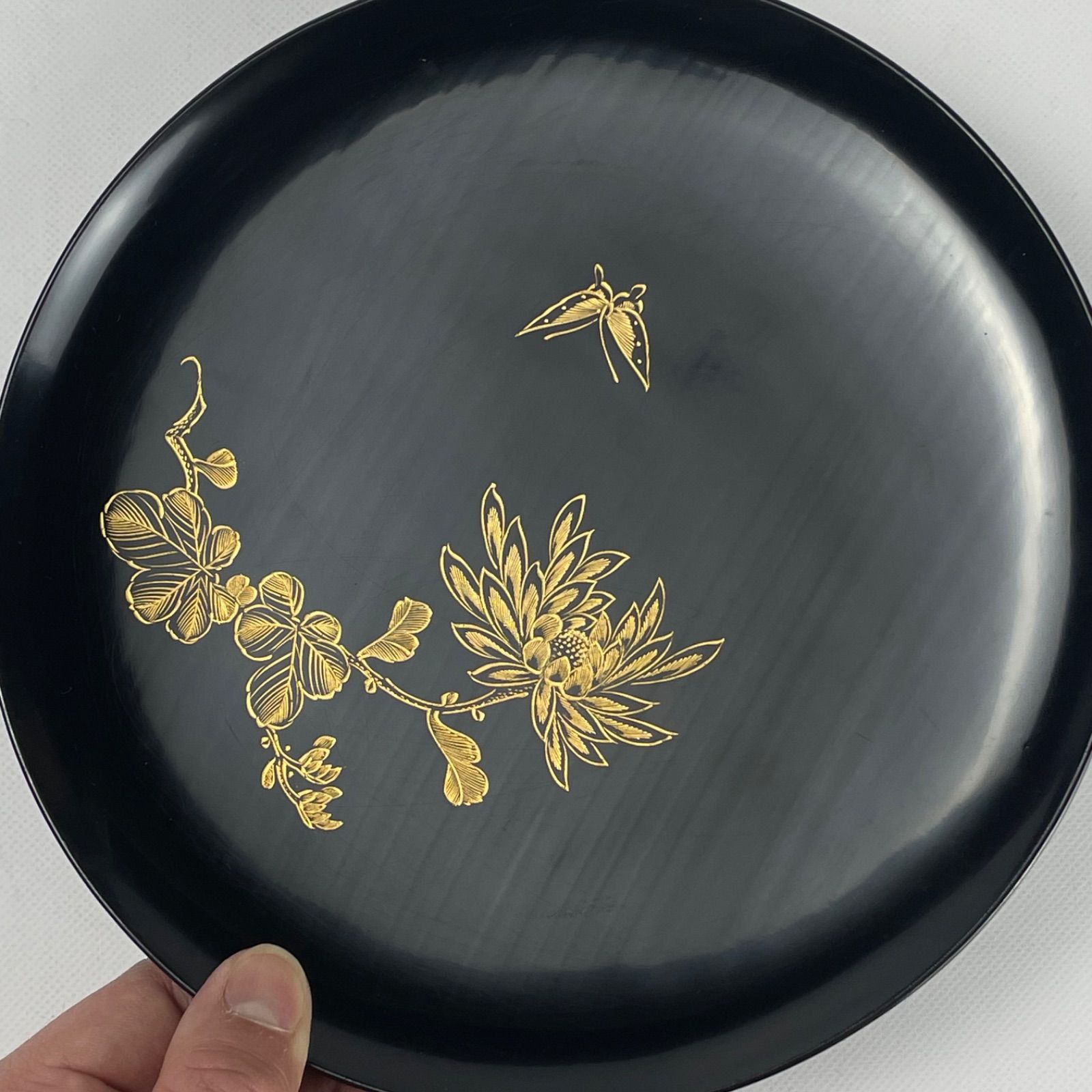 A1375-5⁄輪島塗⁄金彩松竹梅堀画輪島朱色木皿20客⁄向