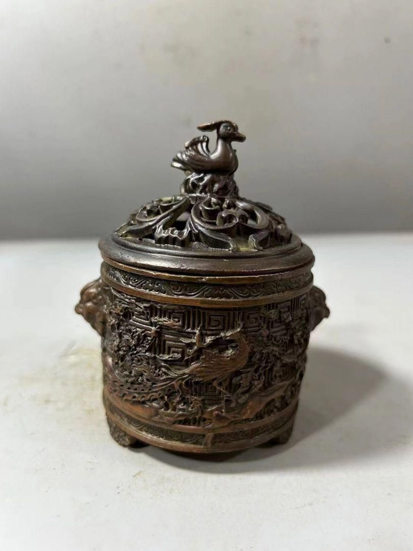 銅器 浮彫二仙香薫炉 手提げ暖手炉 香炉 香道具 装飾品 工芸