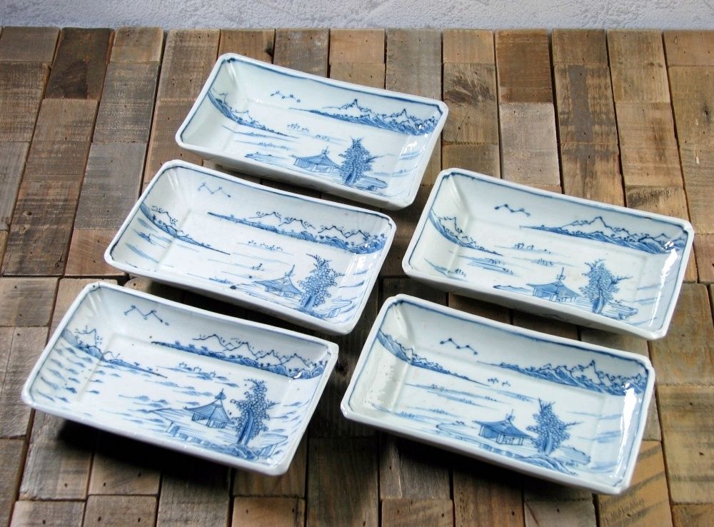 注文 古伊万里 染付 山水楼閣文長皿5枚 幅：17cm 江戸後期/24e047 古