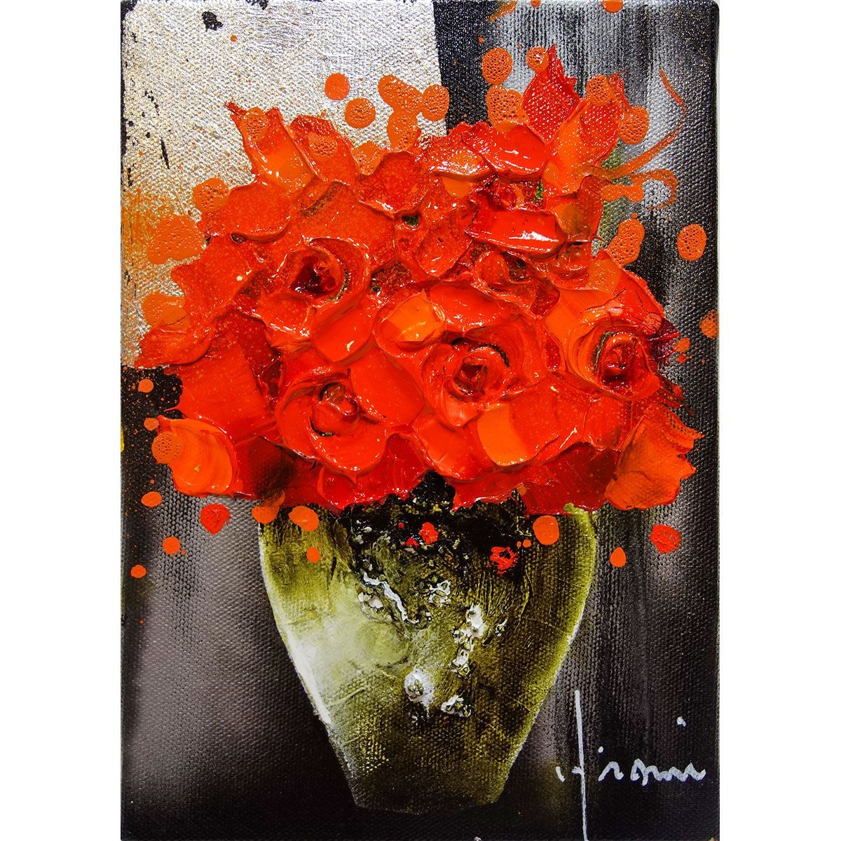 手書き油絵 ゴッホ 花瓶の薔薇 額付 肉筆絵画 インテリア 油彩画