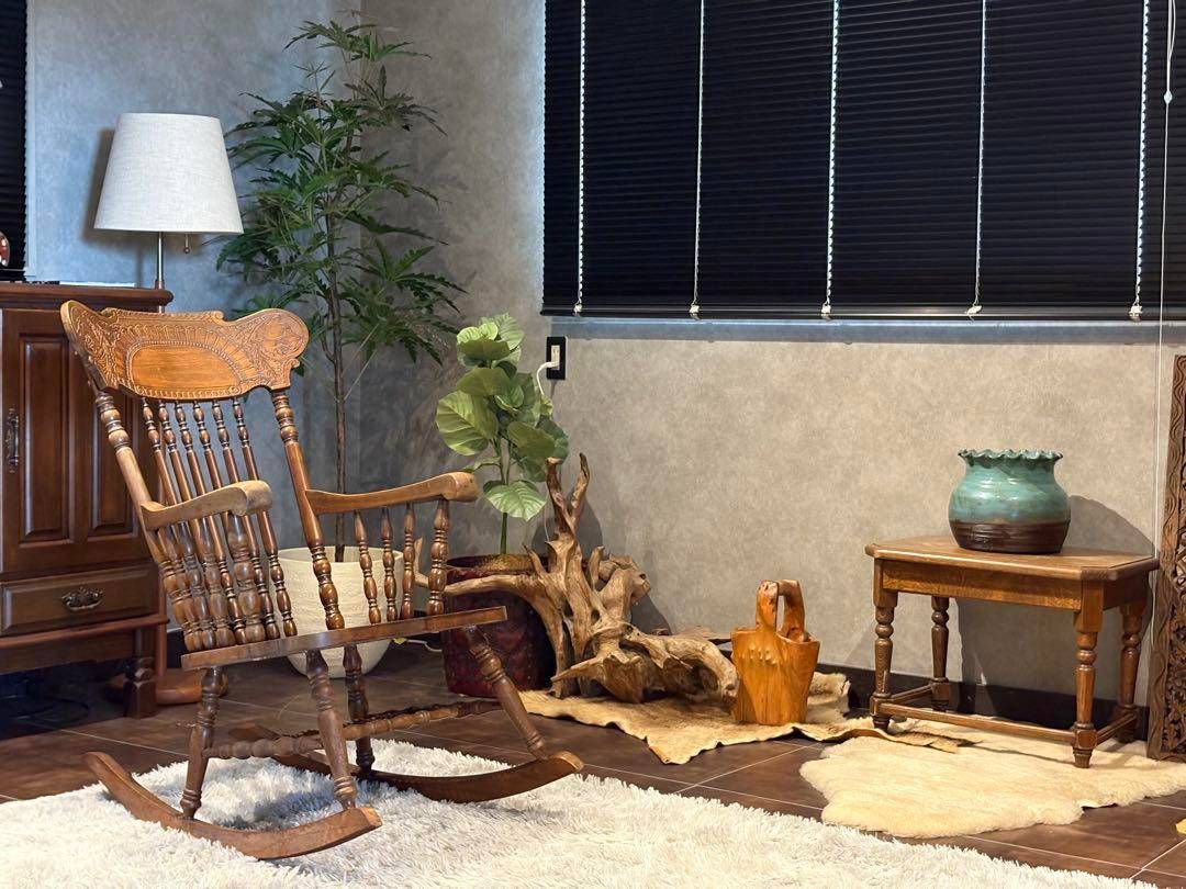 超希少ウルフロッキングチェア無垢材クラシックアジアン木彫りINR