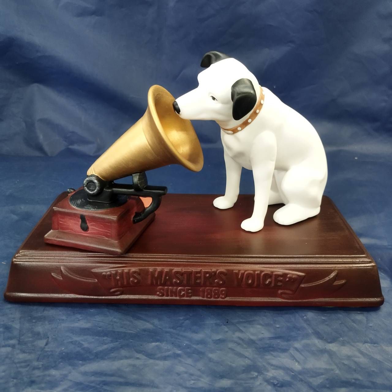 ビクター犬彫刻付き木製台座 昭和レトロ ヴィンテージブロンズ犬像