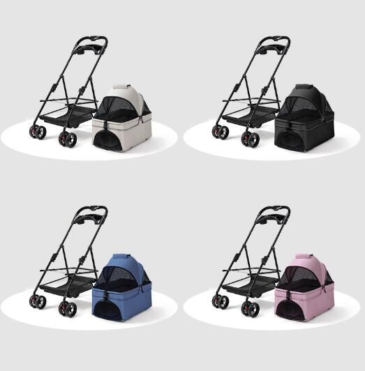 ペットカート分離式 折り畳み 4輪 ピンク ストッパー付き 小物入れ
