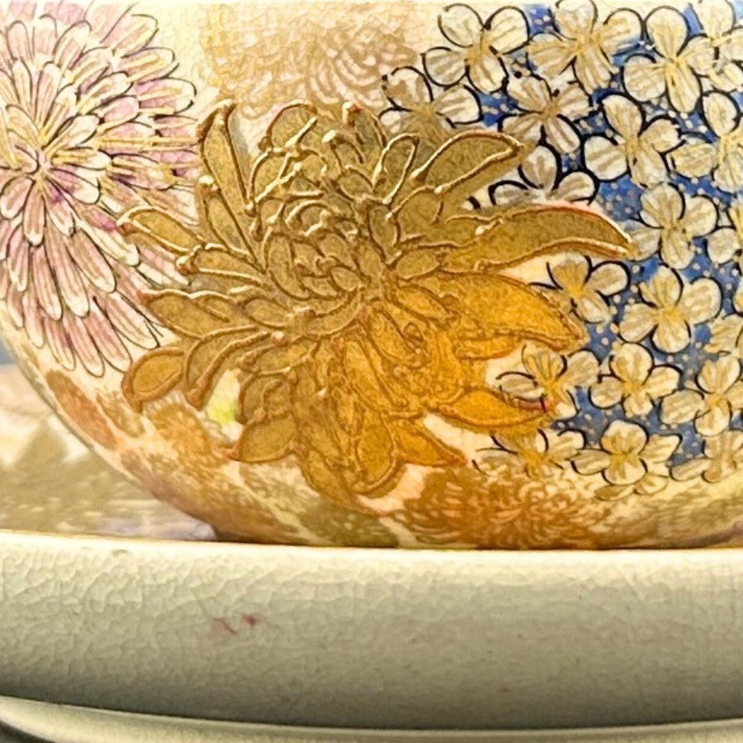 希少】明治期 京薩摩 薩摩焼 カップ＆ソーサー 金光山銘入り 百花繚乱