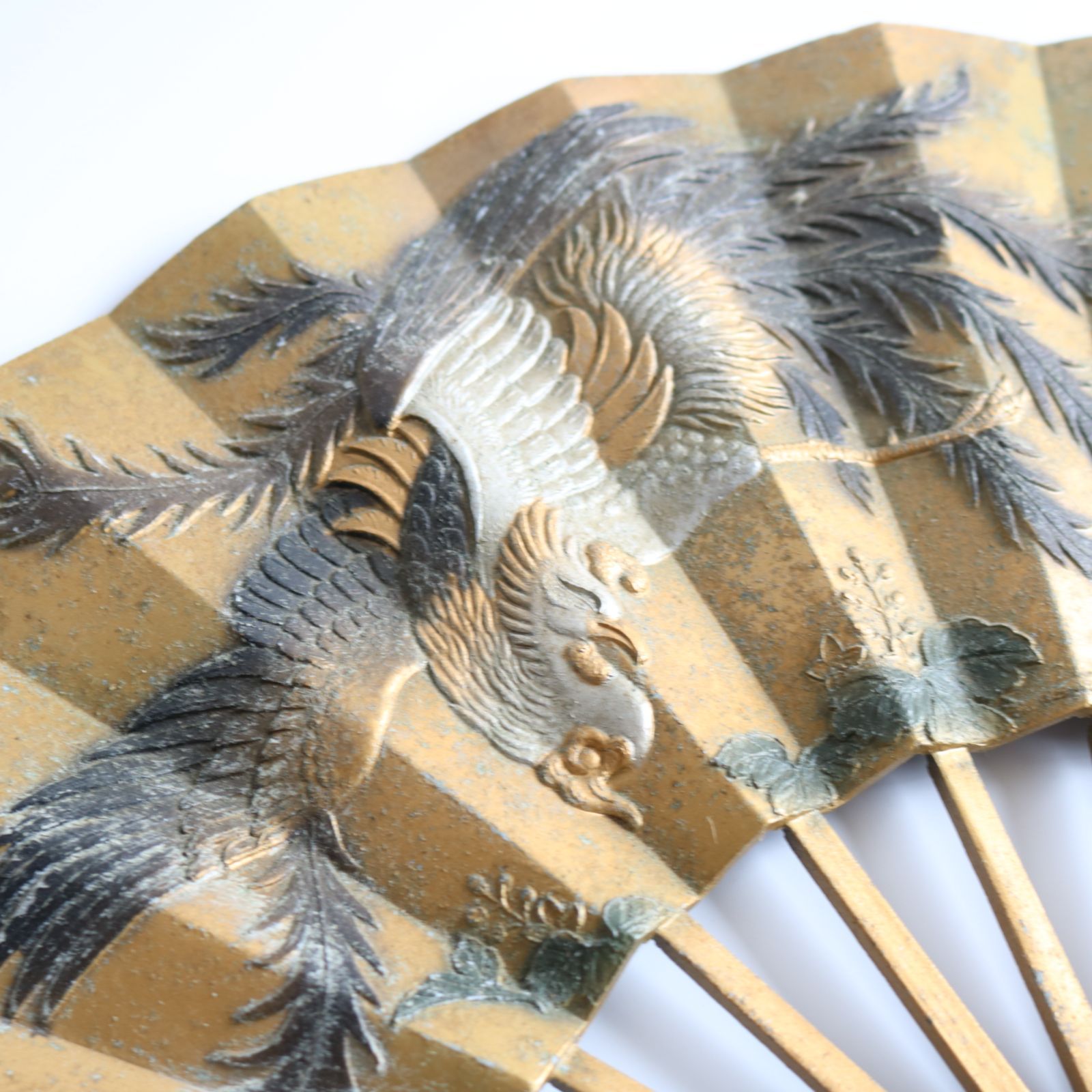 鉄製鳳凰扇 飾り扇子 高岡銅器 金彩 金属工芸 コレクション 昭和レトロ