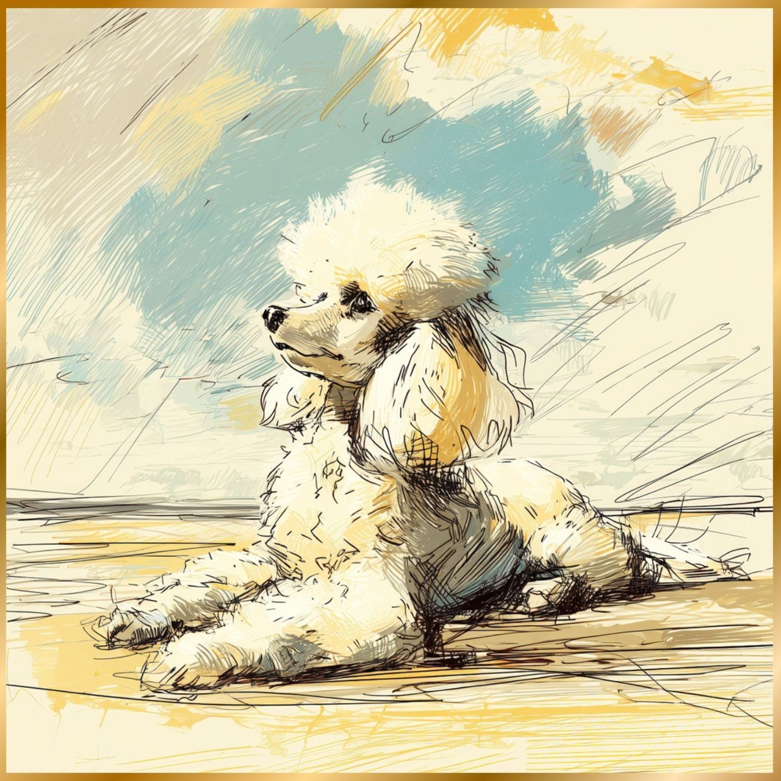 プードル犬とビーチのスケッチ No.2】ジークレー版画＊名入れOK！ トイ