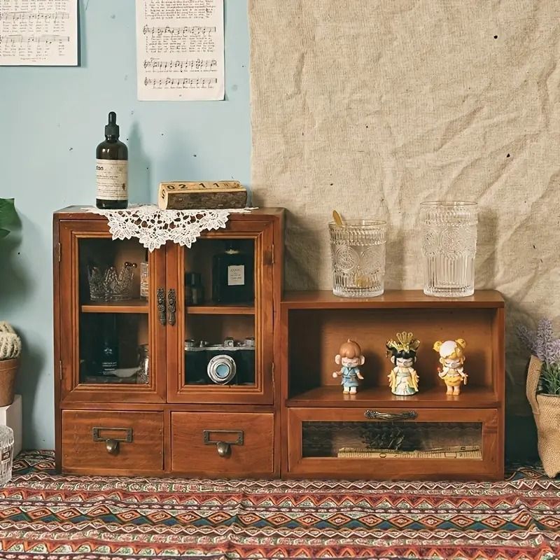 収納ケース 引き出し付き 卓上 ガラスキャビネット 両開き 木製 ガラス