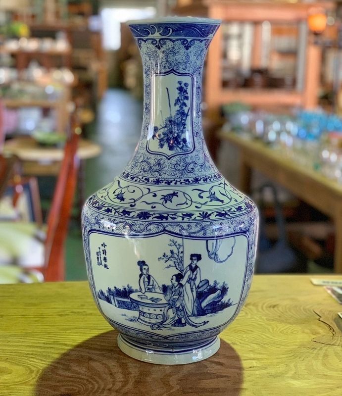 青と緑の花模様 陶器花瓶 約46cm