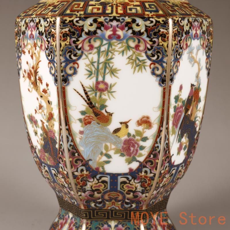 清乾隆蒔金琺瑯彩花鳥六方瓶 景徳鎮 陶磁器 装飾品 現代