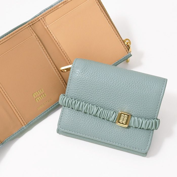 ミュウミュウ 折り財布 コンパクト財布 マドラス パール リボン 水色