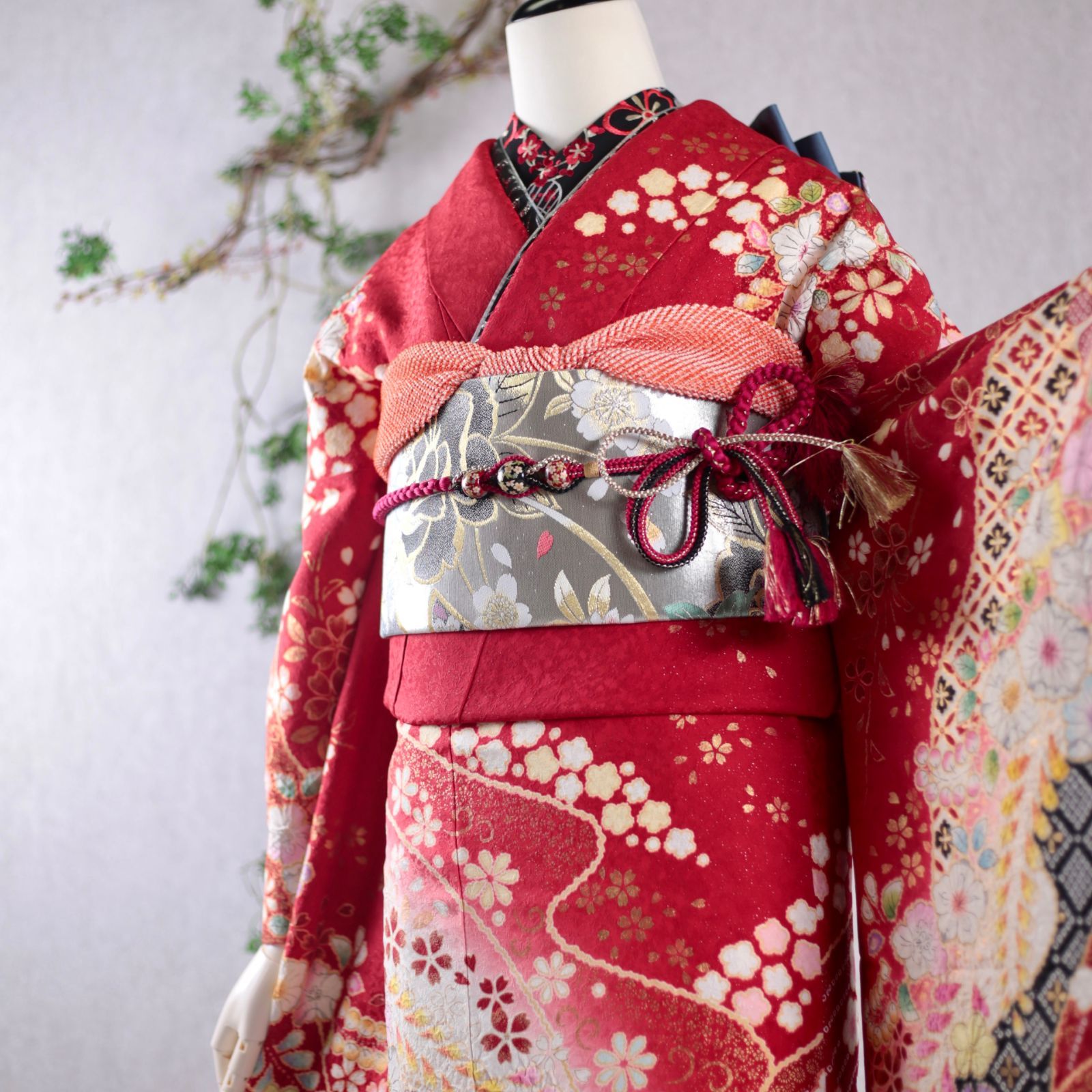 振袖フルセット 振袖セット 振袖 M～Lサイズ 赤×辻が花 美品 成人式