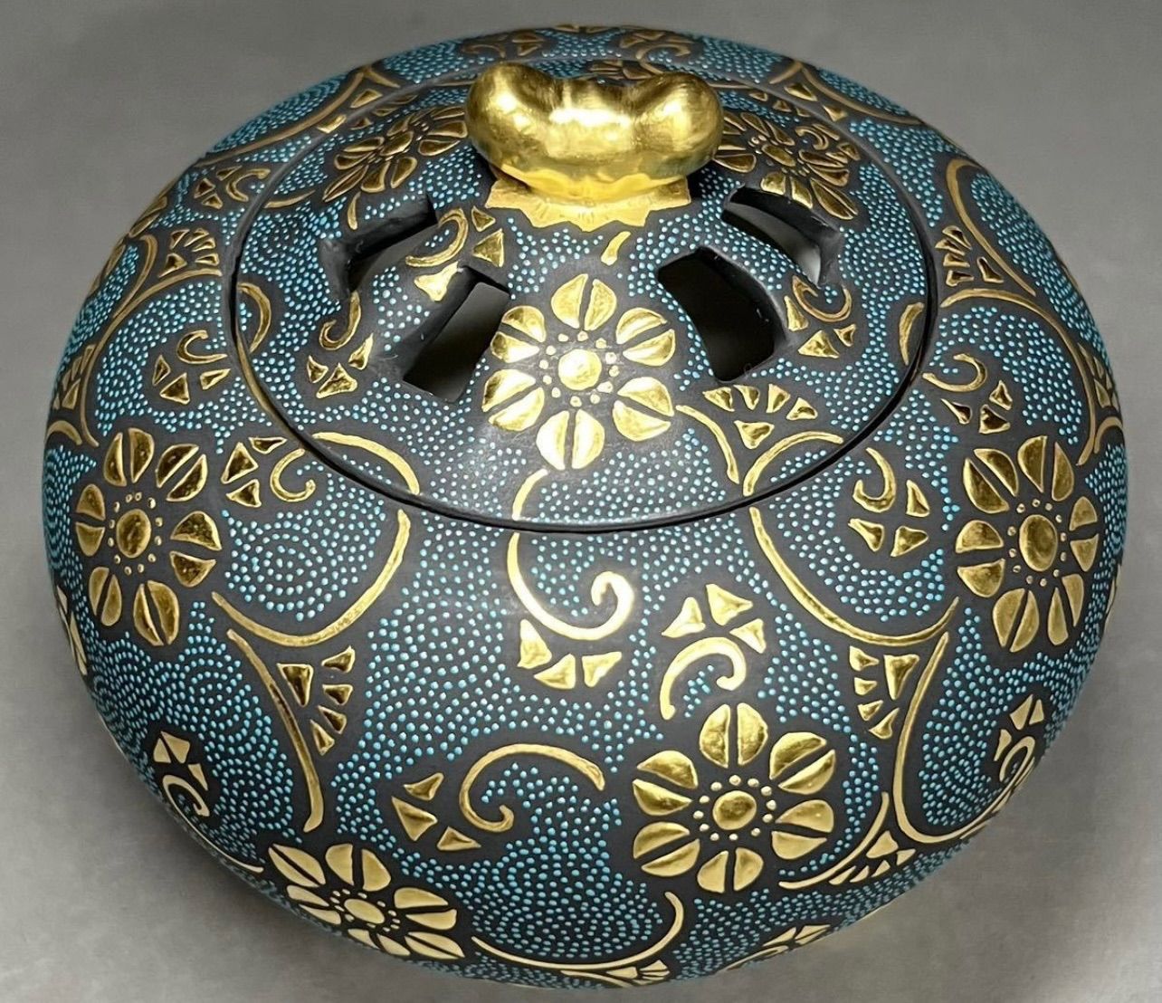 K1874 香炉 仲田錦玉作 金襴手 花詰図 九谷焼 香道具 共箱＃＃