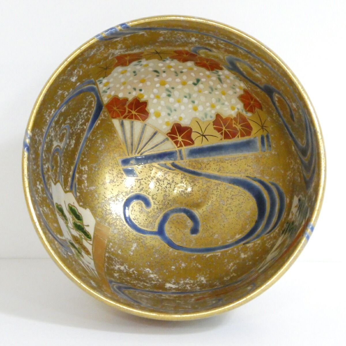 京焼 押小路窯 庄左エ門造 色絵八ツ橋 菖蒲文 茶碗 共布共