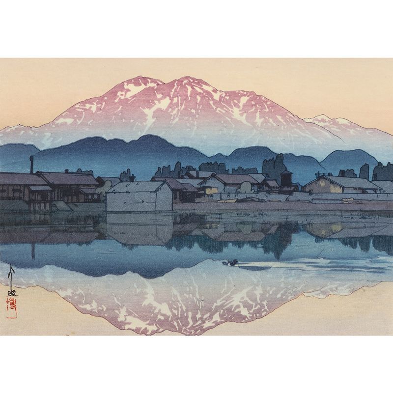 吉田博、「糸魚川にて 朝」、希少・大判画集画、新品高級額・額装付