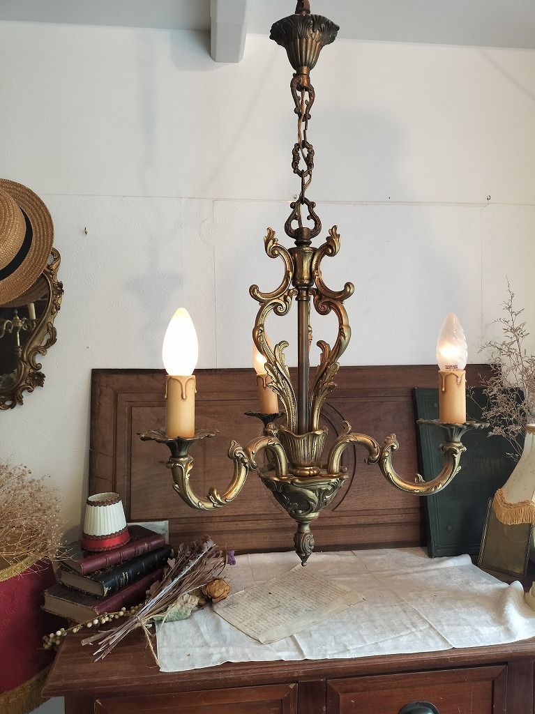 7. フランス アンティーク シャンデリア 3灯 Bird Cage キャ