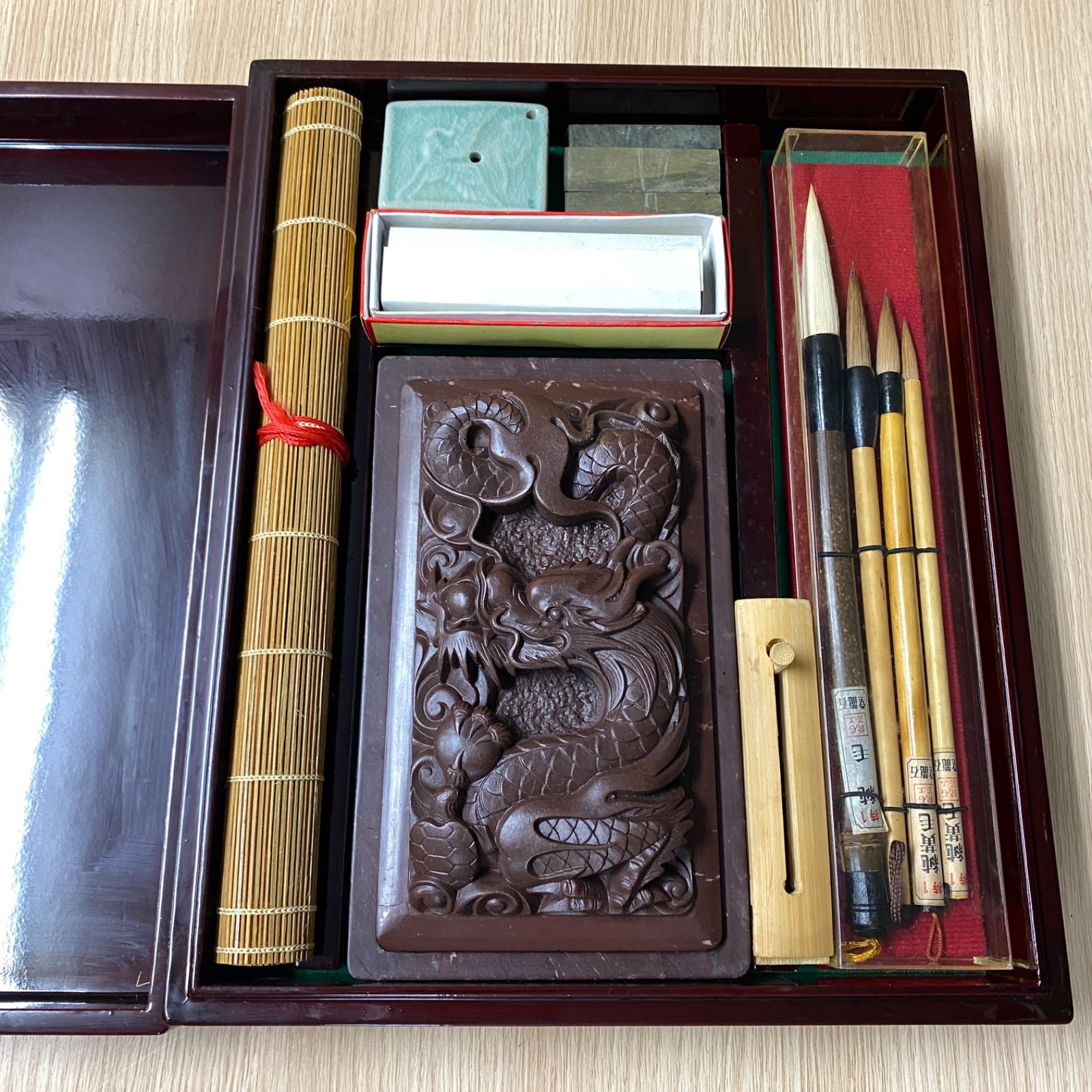 硯 中国 古硯工芸品 書道具 龍文 彫刻 書道