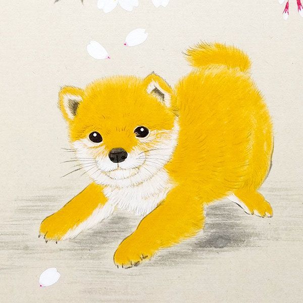 色紙額 中谷文魚 「桜に豆柴」 日本画 真筆 額入り 肉筆画 手描き 動物