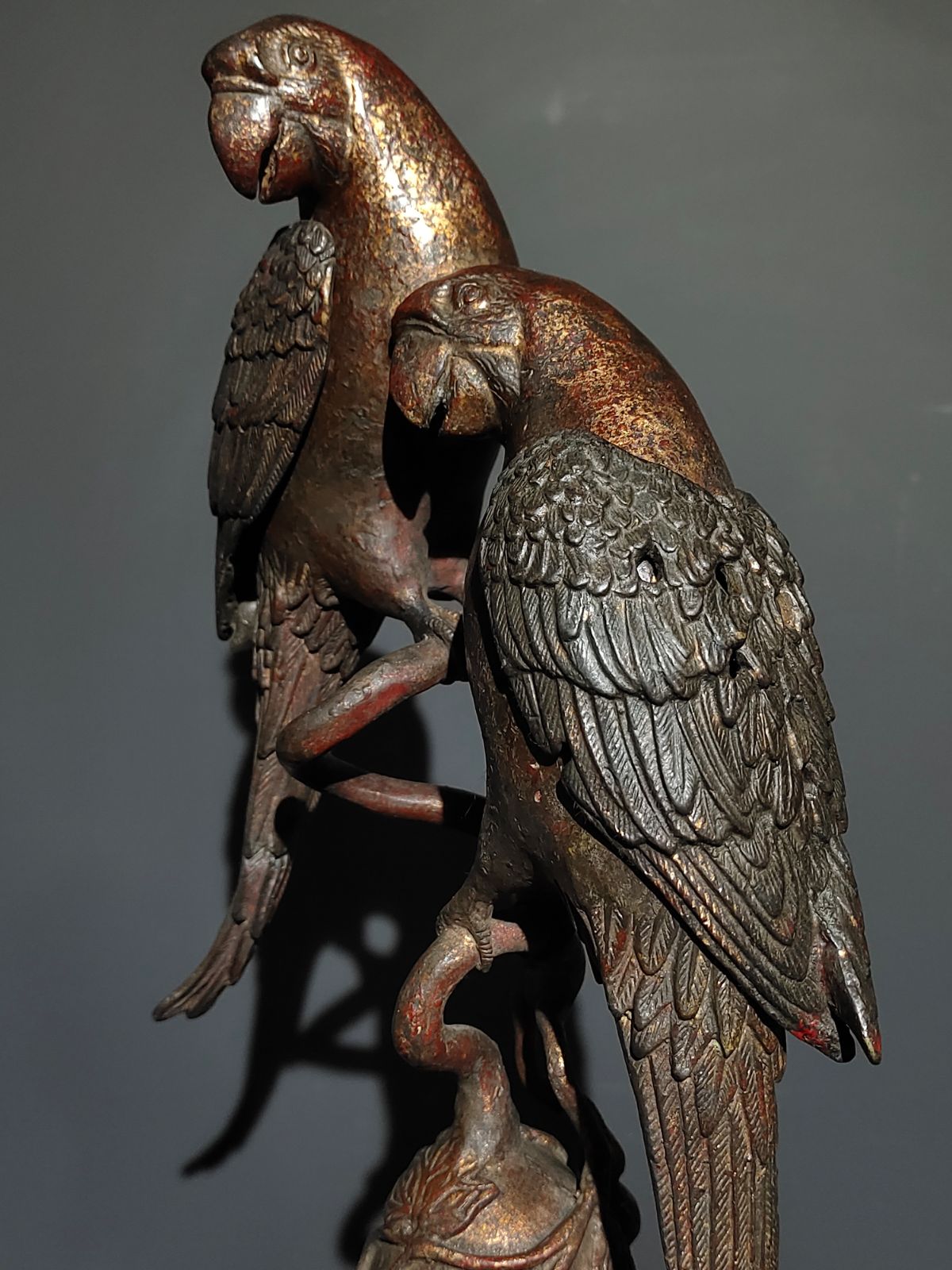 旧蔵 銅製 鹦鹉（インコ）／鷹意匠の香炉 香炉/香器『高岡銅器【小鳥