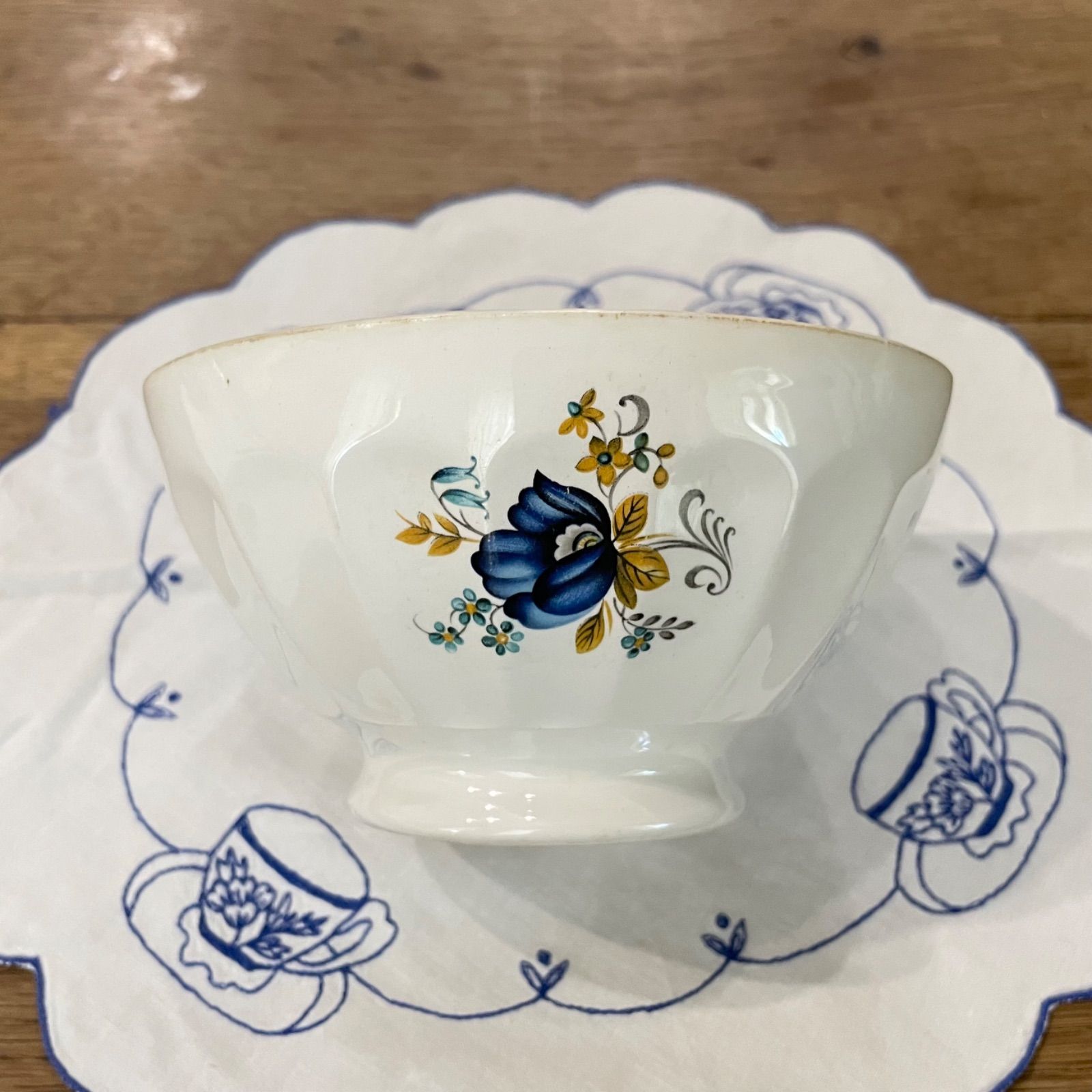 フランスアンティーク カフェオレボウル レア 特大 青い花 ステンシル