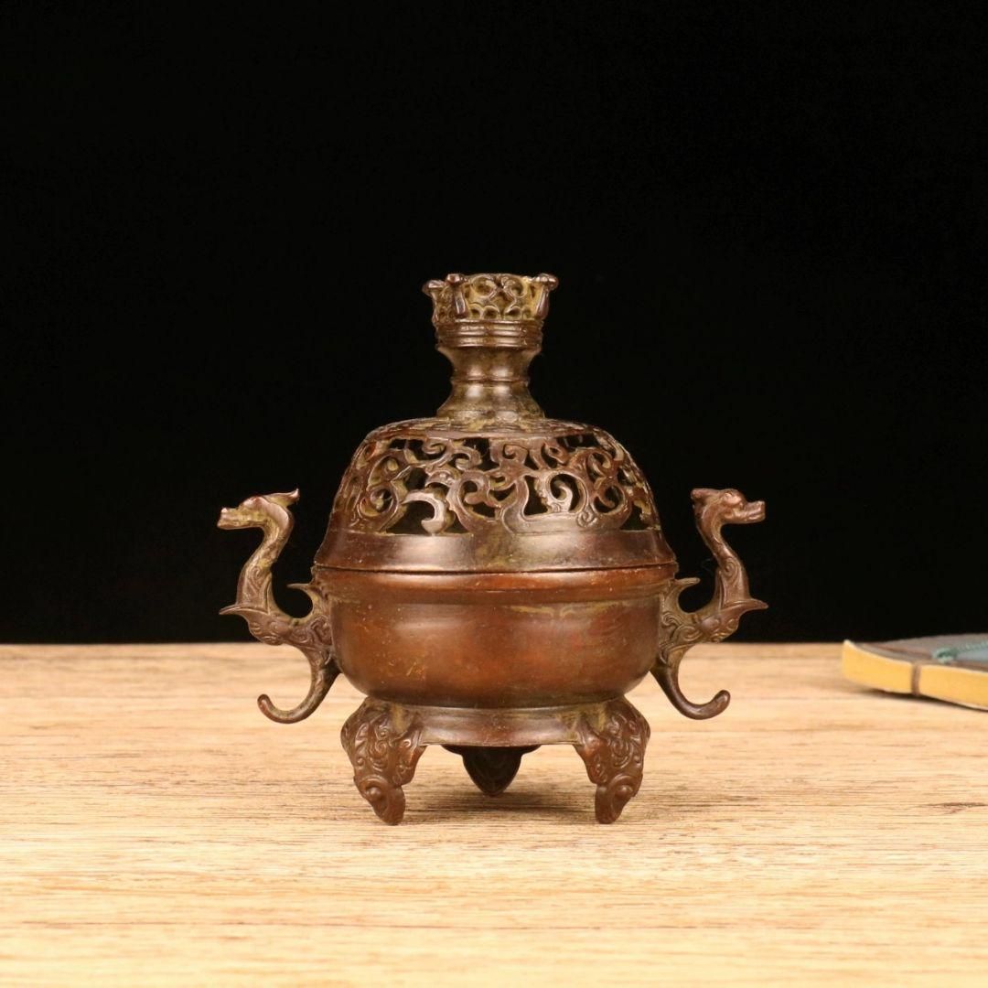 銅 細工 龍薫炉 弔り炉 博山薫香炉 茶道置物 装飾品