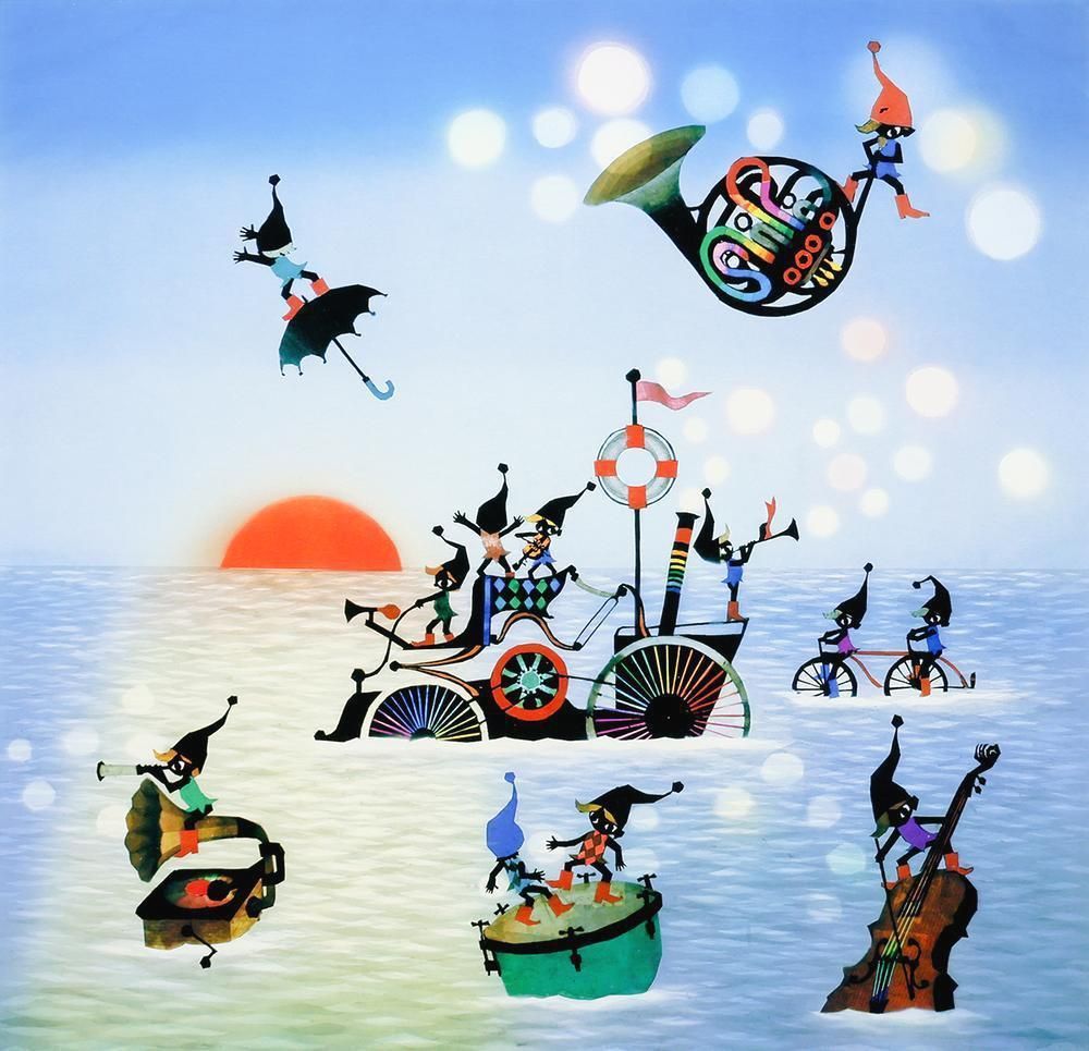 藤城 清治 角笛と少年 サイン 額 裏面書付き エディNo. 331/450 藤城