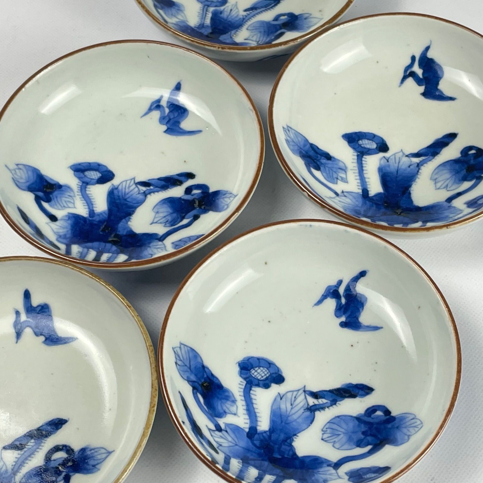 608 染付 花 鳥 古伊万里 伊万里焼 骨董 アンティーク 小皿 5枚セット