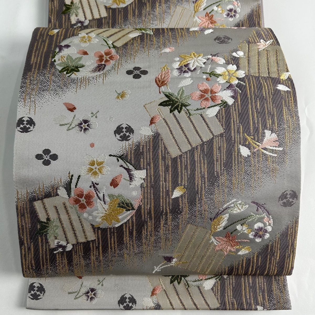 袋帯 名品 坂東三津五郎 落款 花布季 花丸文 源氏香 箔 灰紫 六通 正絹