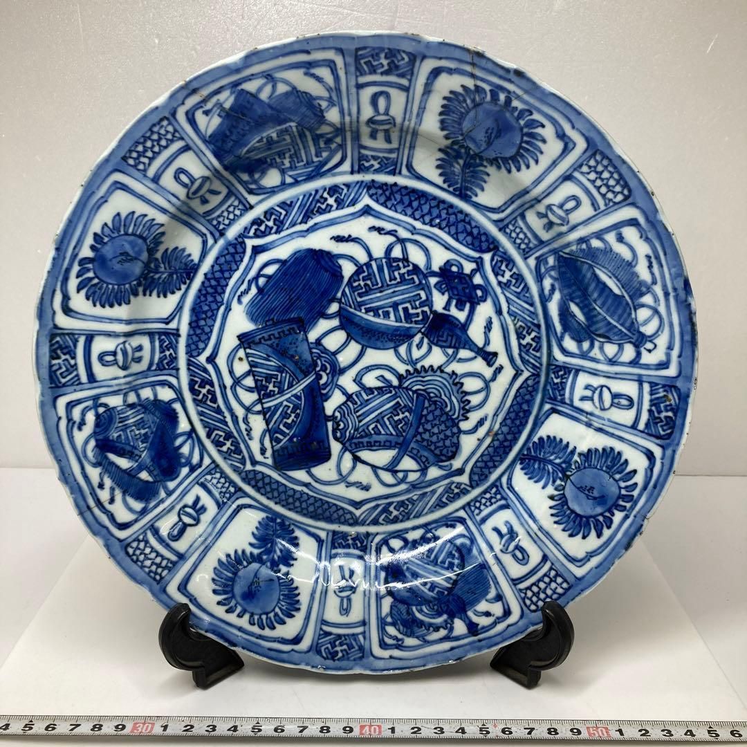 中国明時代 呉州古染付芙蓉手大皿 木箱付 直径約39㎝ 東Y7-1106⑤