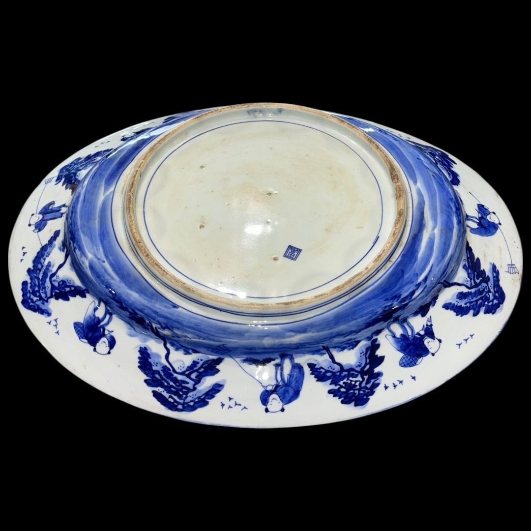 トップ 明治時代の傑作品 染付 ベロ藍 線描き 直径45.5cm 大皿