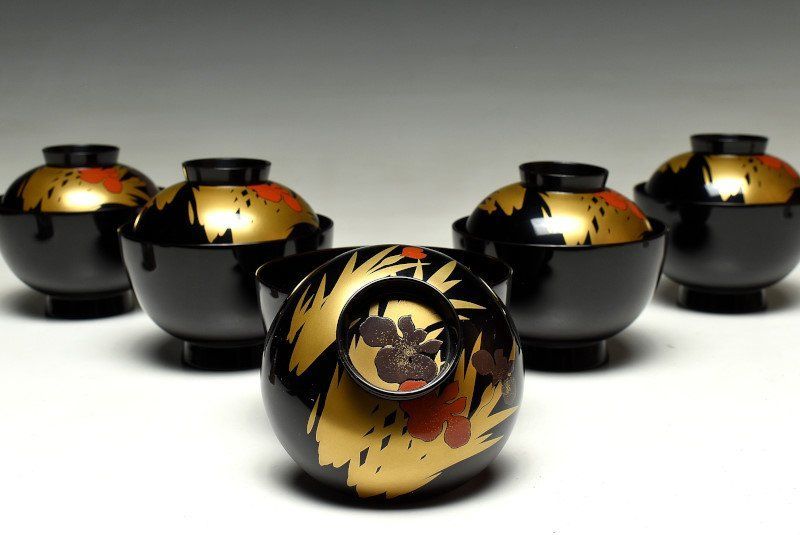 輪島塗 黒塗 梅花蒔絵 吸物椀 5客 共箱 輪島塗 黒塗 梅花蒔絵 吸物椀 5