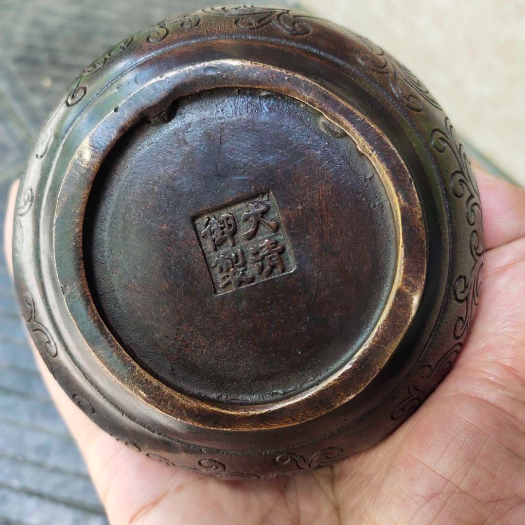 銅製 竜戯珠の灰皿 書道具 文房具 装飾品 工芸品 美術品 銅製 竜戯珠の