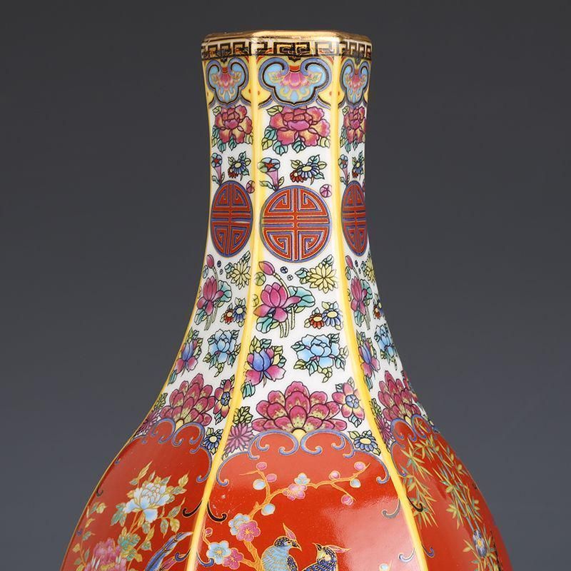 エナメル色磁器花鳥瓶 景徳鎮 陶磁器 注文 装飾品 現代工芸品 美術品 置物