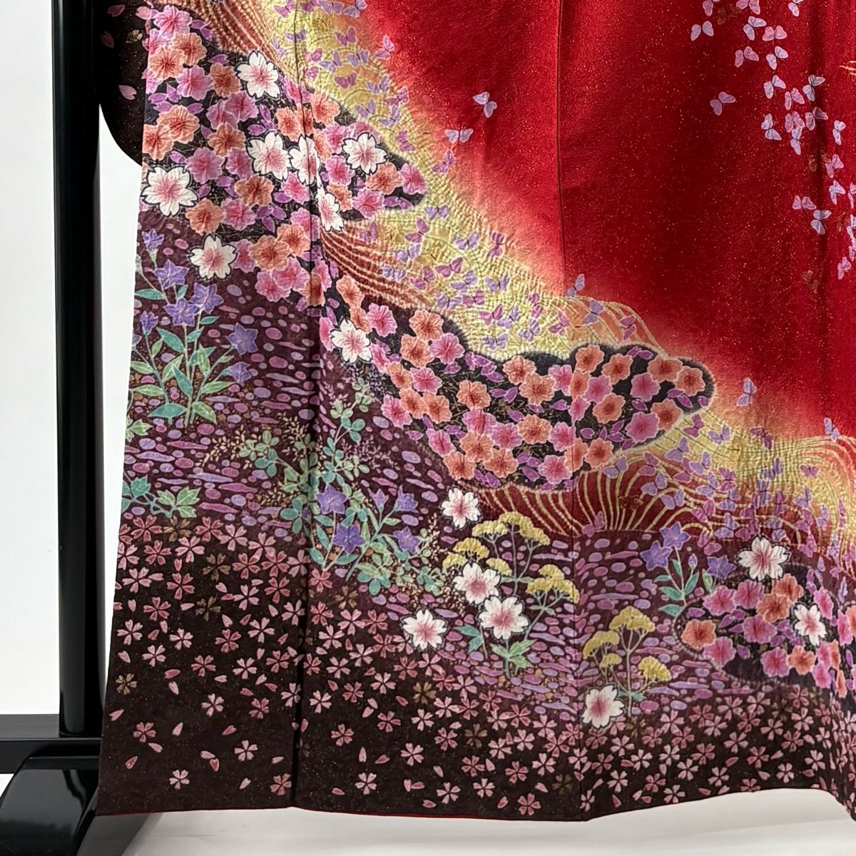 美品】 振袖 身丈163cm 裄丈66cm M 袷 桜 流水 銀通し 絞り 赤 正絹