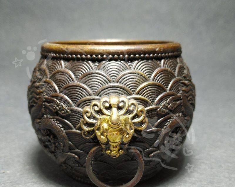 新年ギフト銅 細工 双龍戯珠銅壺 双獣頭香炉 筆洗 工芸品 節約 置物