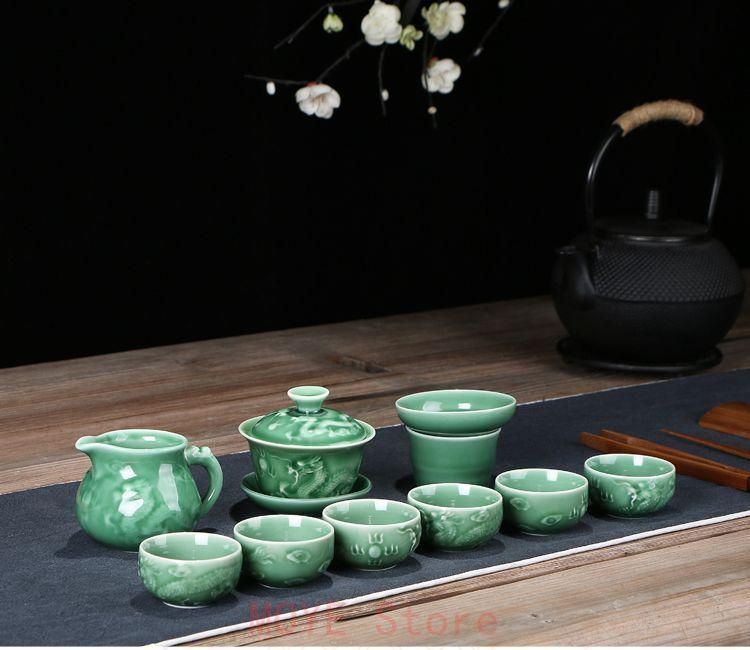 ストア 中国美術品 青磁茶碗浮彫龍茶茶茶器セット 新品未使用gy1216 楽天