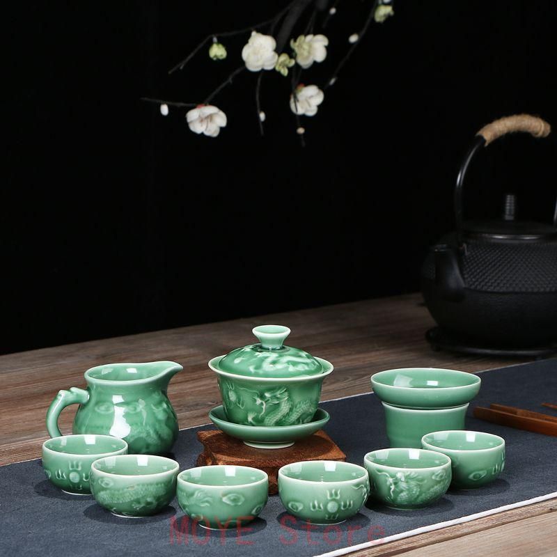 ストア 中国美術品 青磁茶碗浮彫龍茶茶茶器セット 新品未使用gy1216
