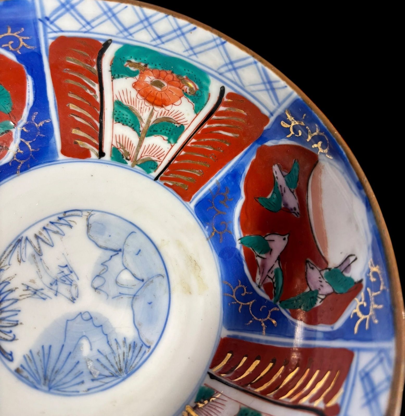 明治〜大正期 伊万里焼 赤絵金襴手 鳳凰文皿 三枚組 木