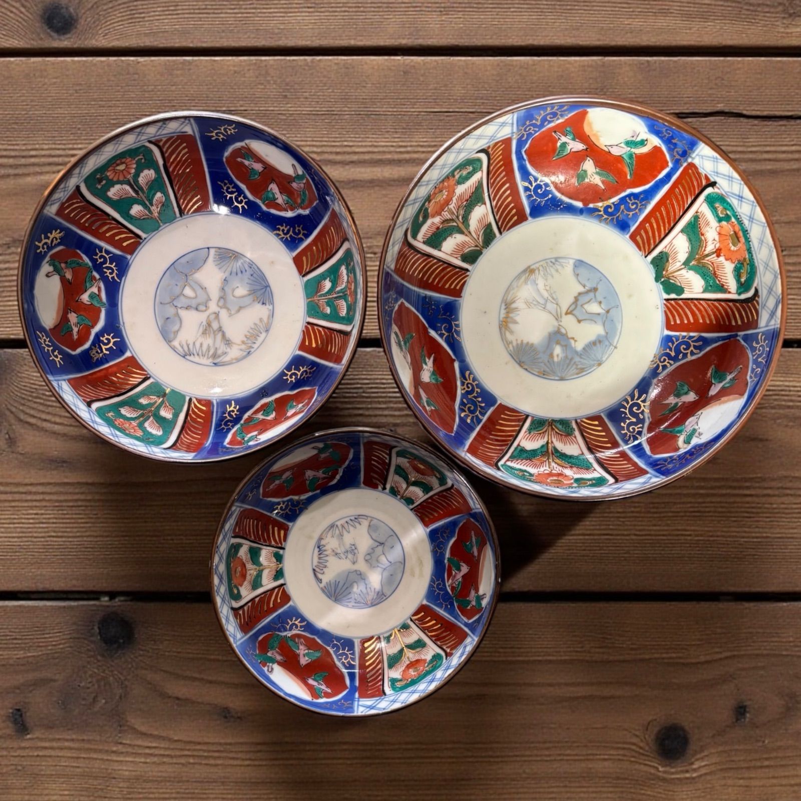 骨董 古伊万里 三っ丼 大中小 鉢 染め付け 花と鳥 二重高台 器 骨董 古