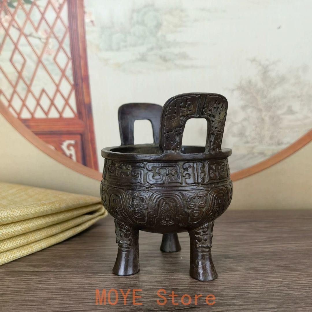 唐銅携行香炉 獅子蓋双耳三つ足 明～清古玩 唐銅 【