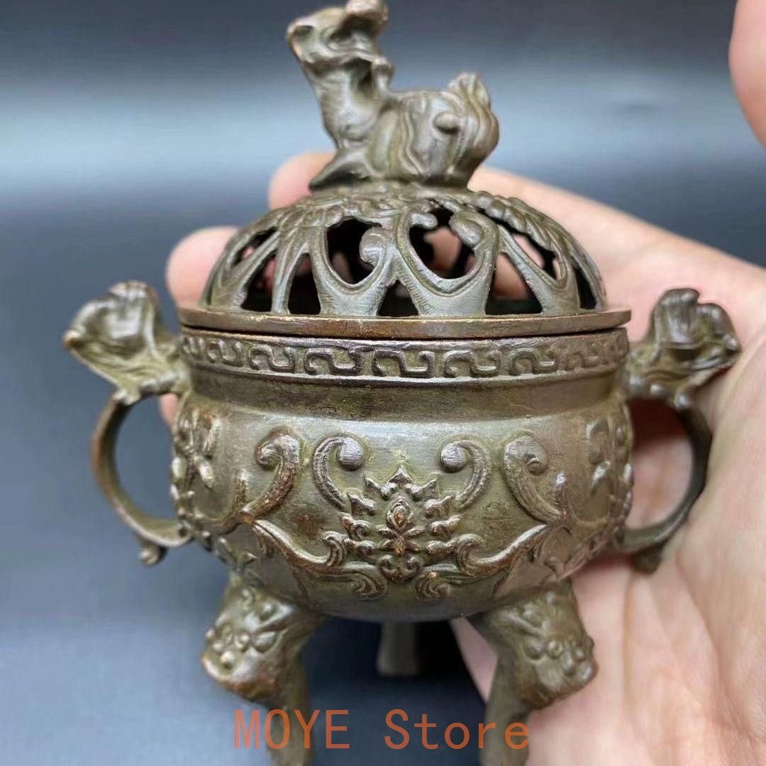唐銅携行香炉 獅子蓋双耳三つ足 明～清古玩 唐銅 【