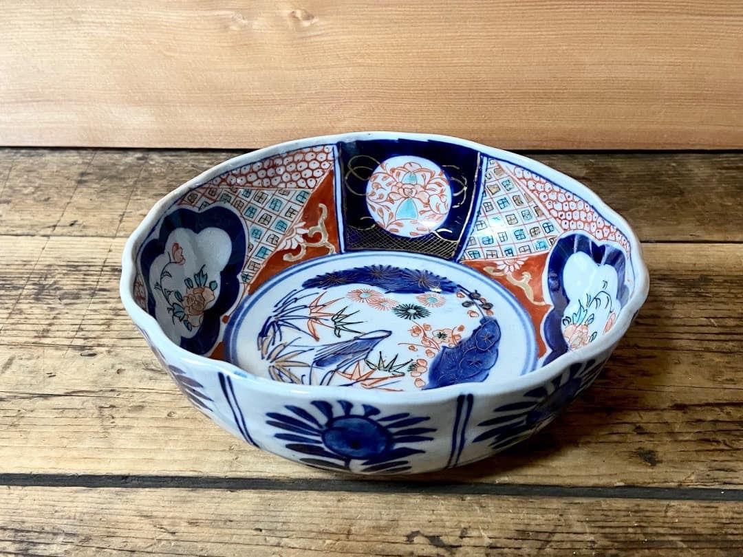 能登蔵出し 時代 伊万里 色絵金彩 銘有 花窓絵図 大膾皿 直径17.5